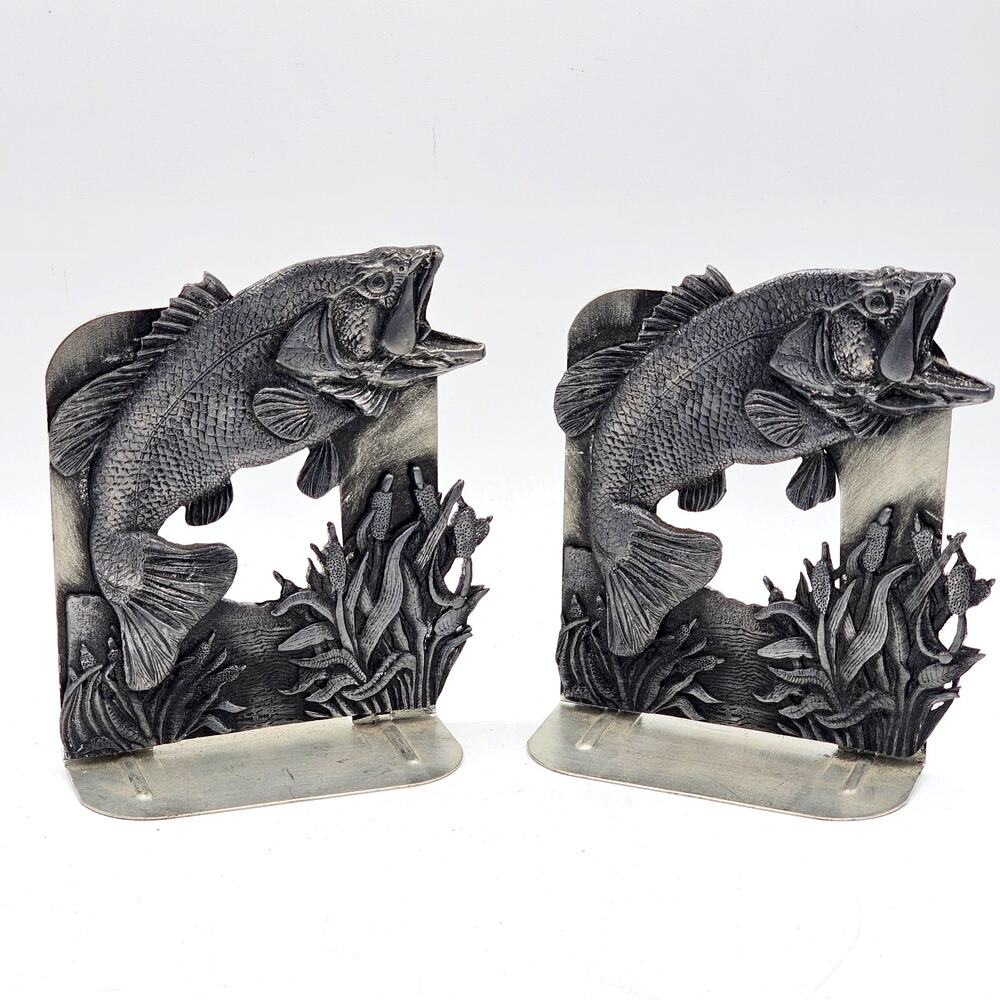 Metzke Pewter Bass Bookends Vintage Fishing Decor